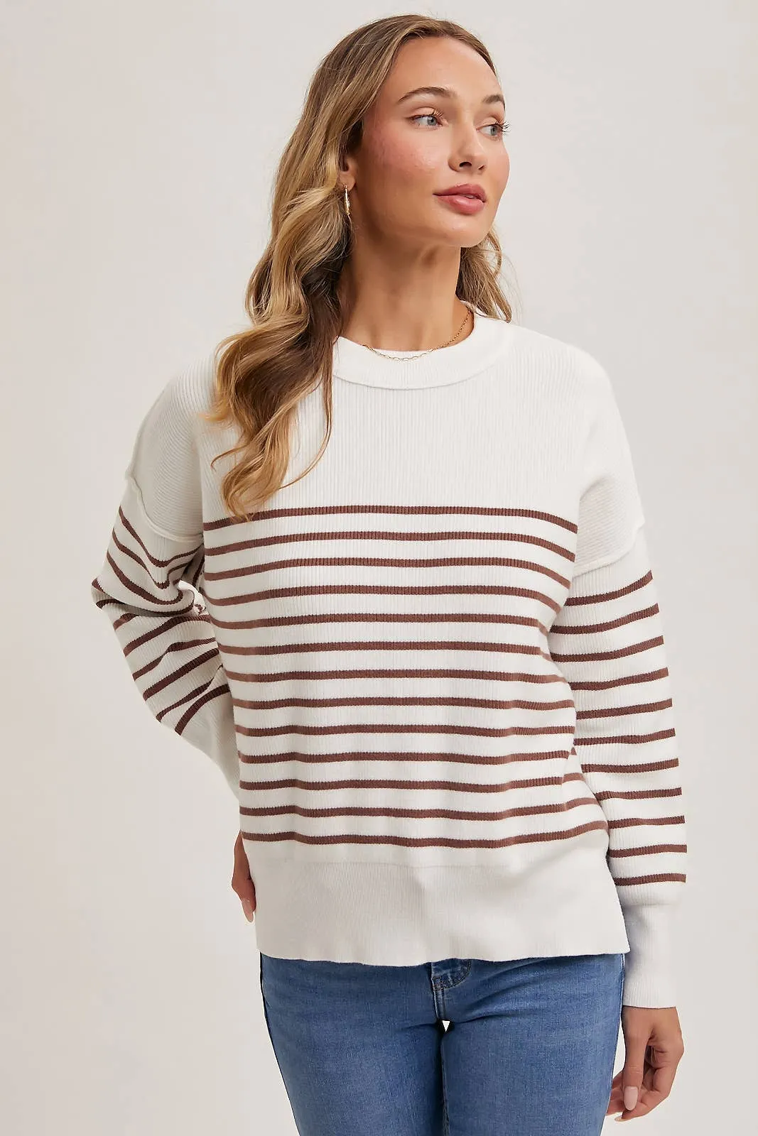 Striped Knit Side Slit Sweater