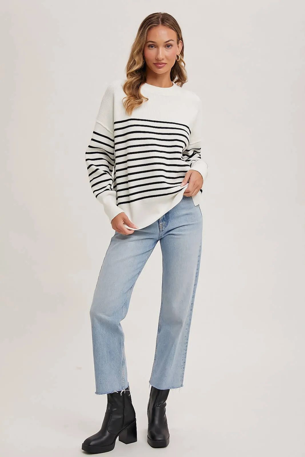 Striped Knit Side Slit Sweater