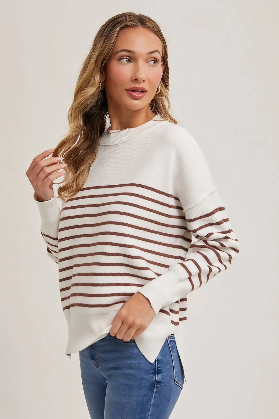 Striped Knit Side Slit Sweater