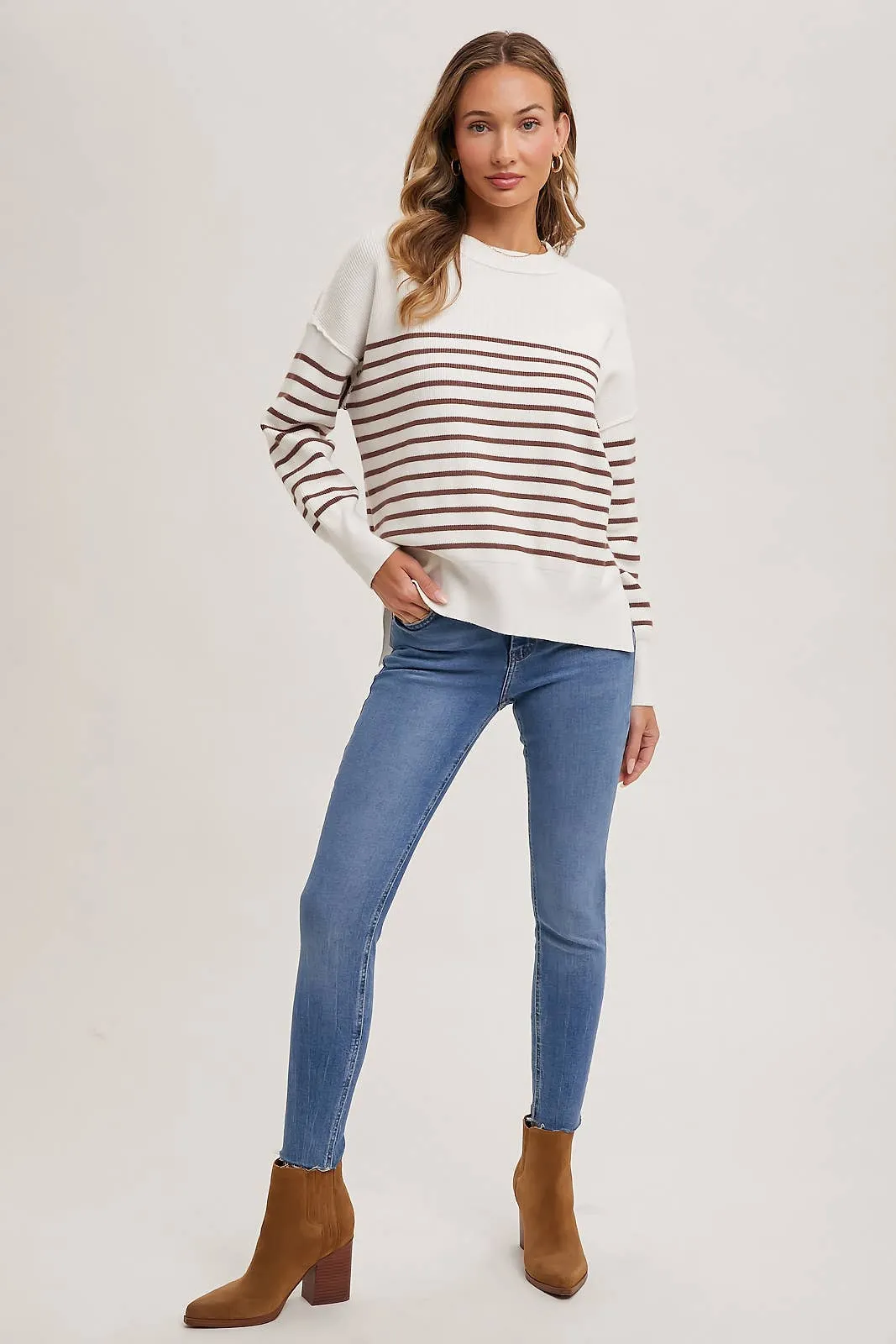 Striped Knit Side Slit Sweater