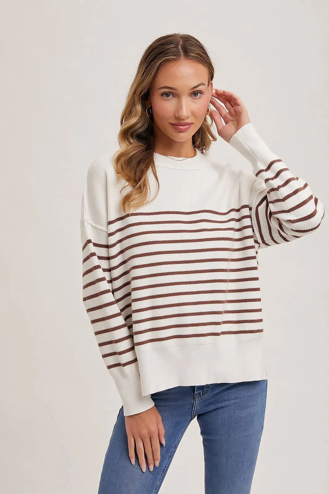 Striped Knit Side Slit Sweater