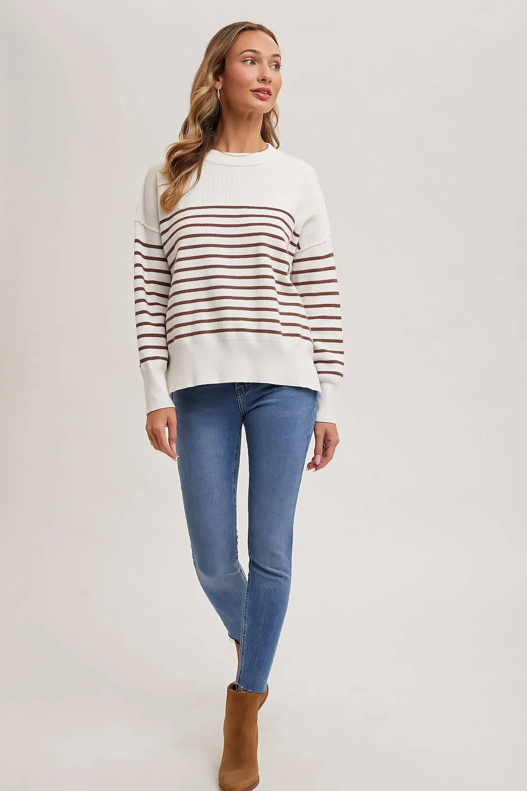 Striped Knit Side Slit Sweater