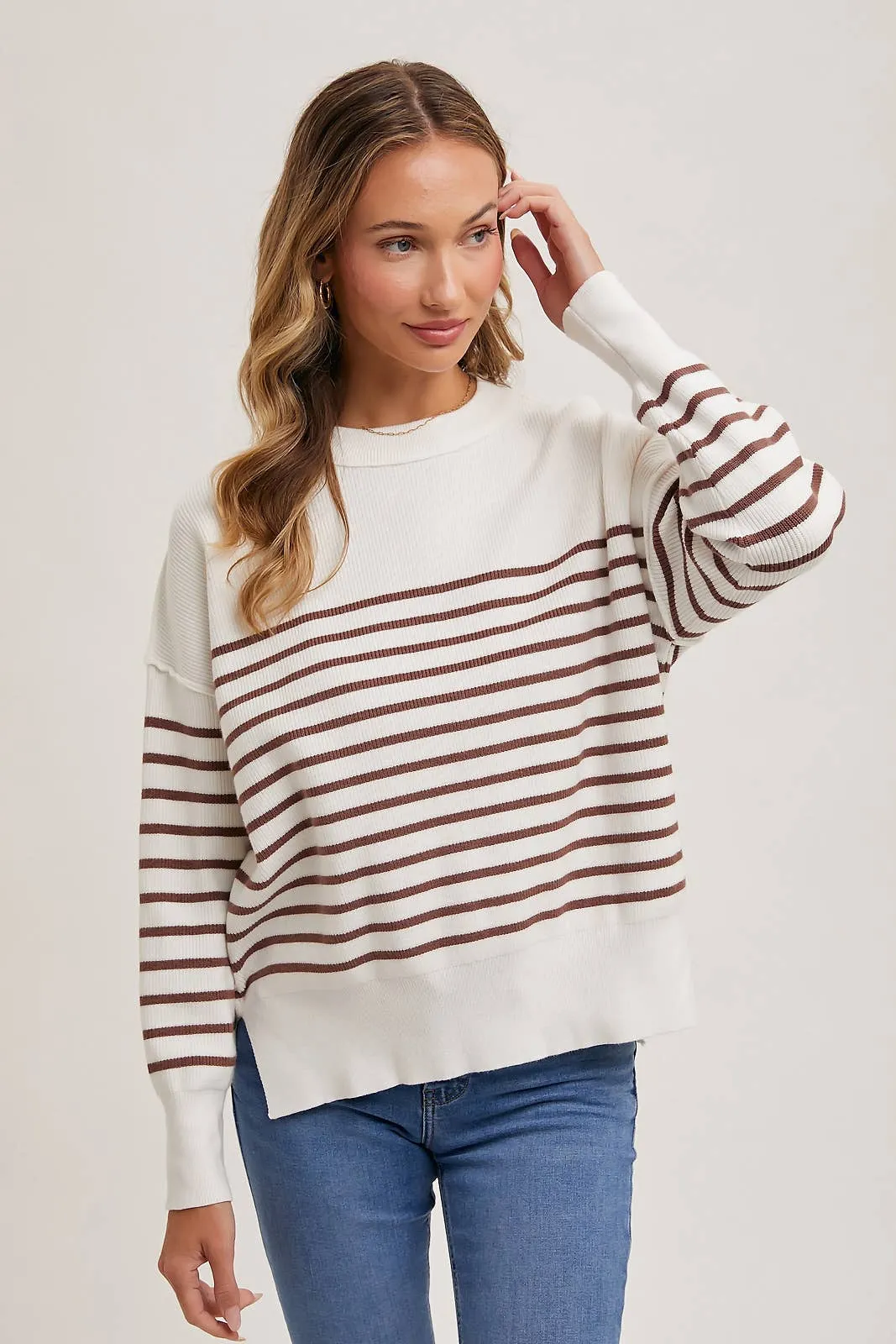 Striped Knit Side Slit Sweater