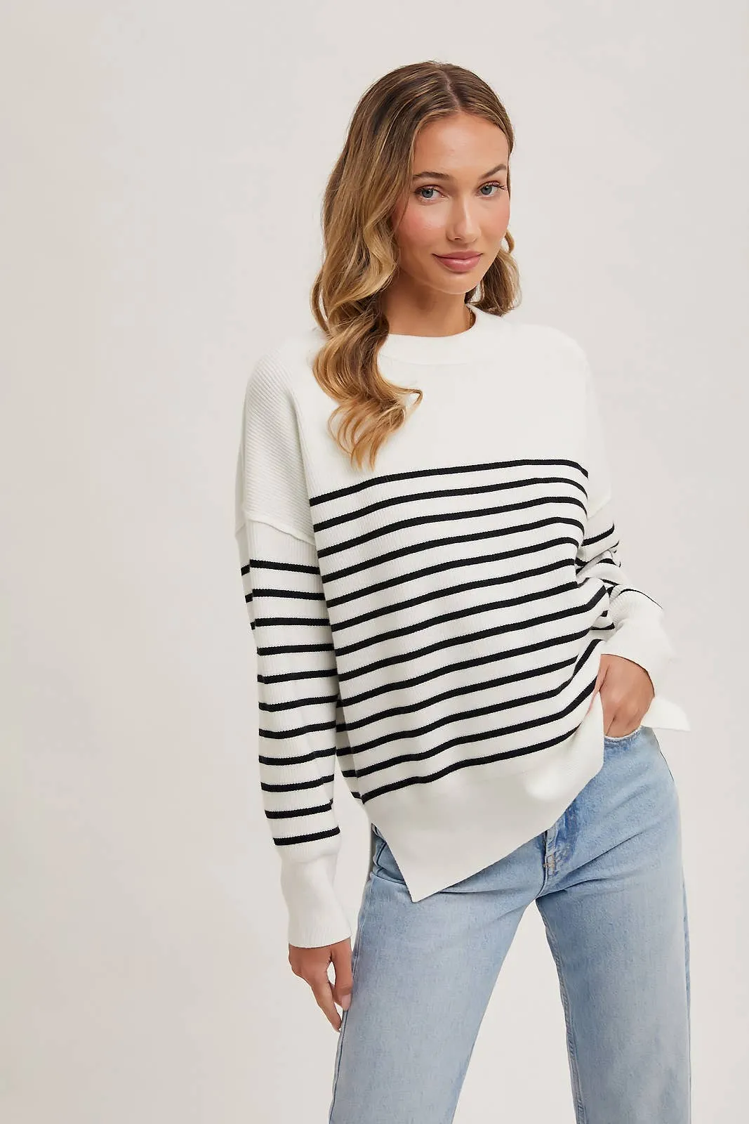 Striped Knit Side Slit Sweater