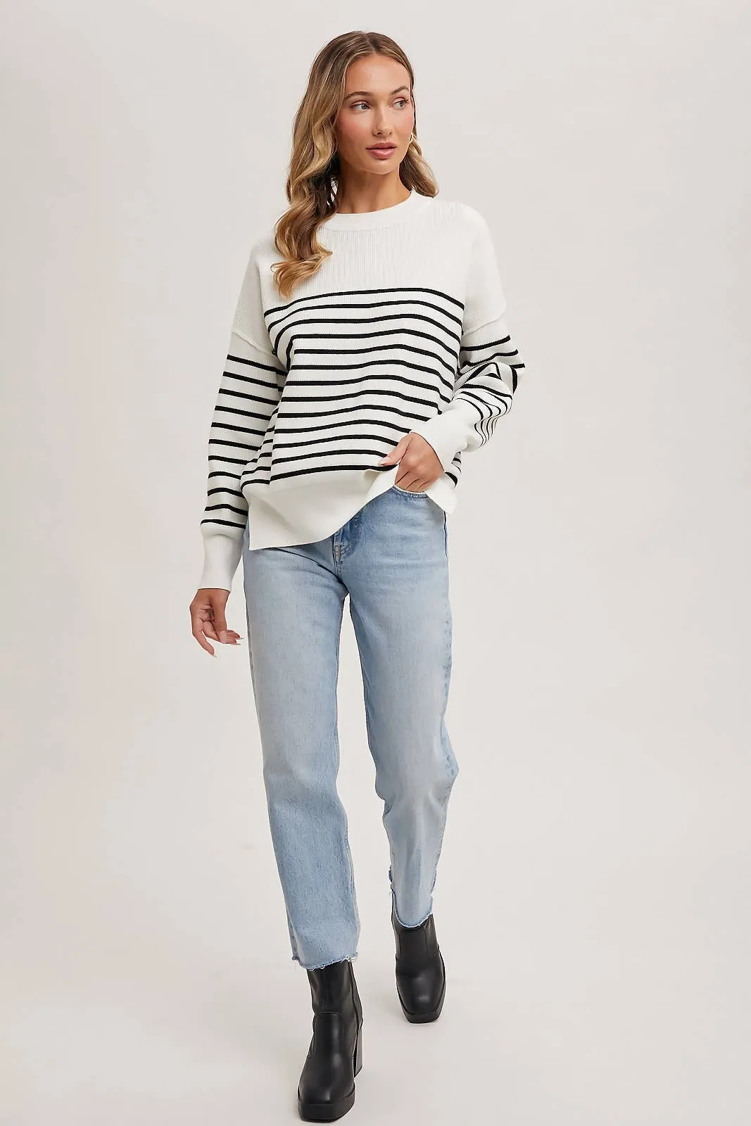 Striped Knit Side Slit Sweater