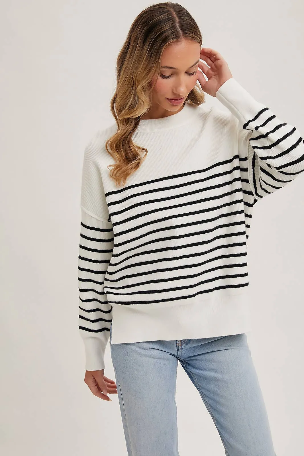 Striped Knit Side Slit Sweater