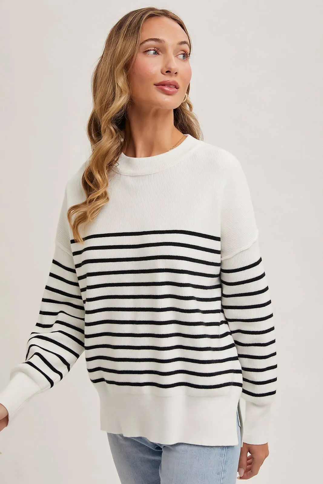 Striped Knit Side Slit Sweater