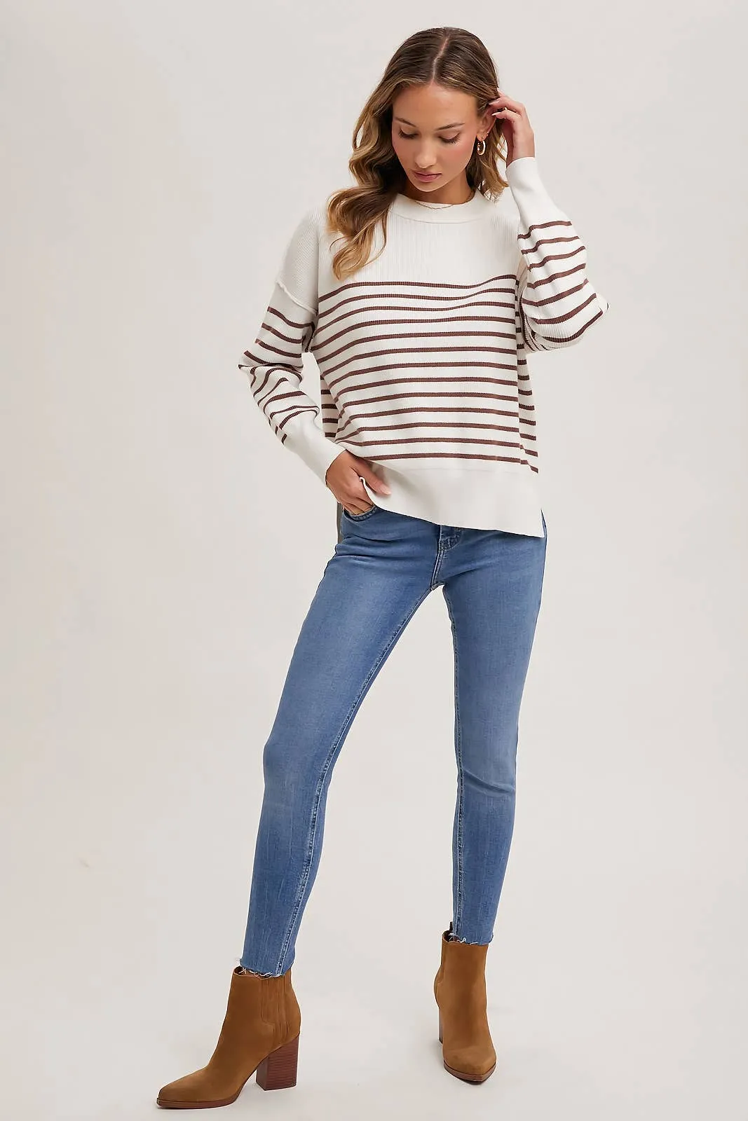 Striped Knit Side Slit Sweater