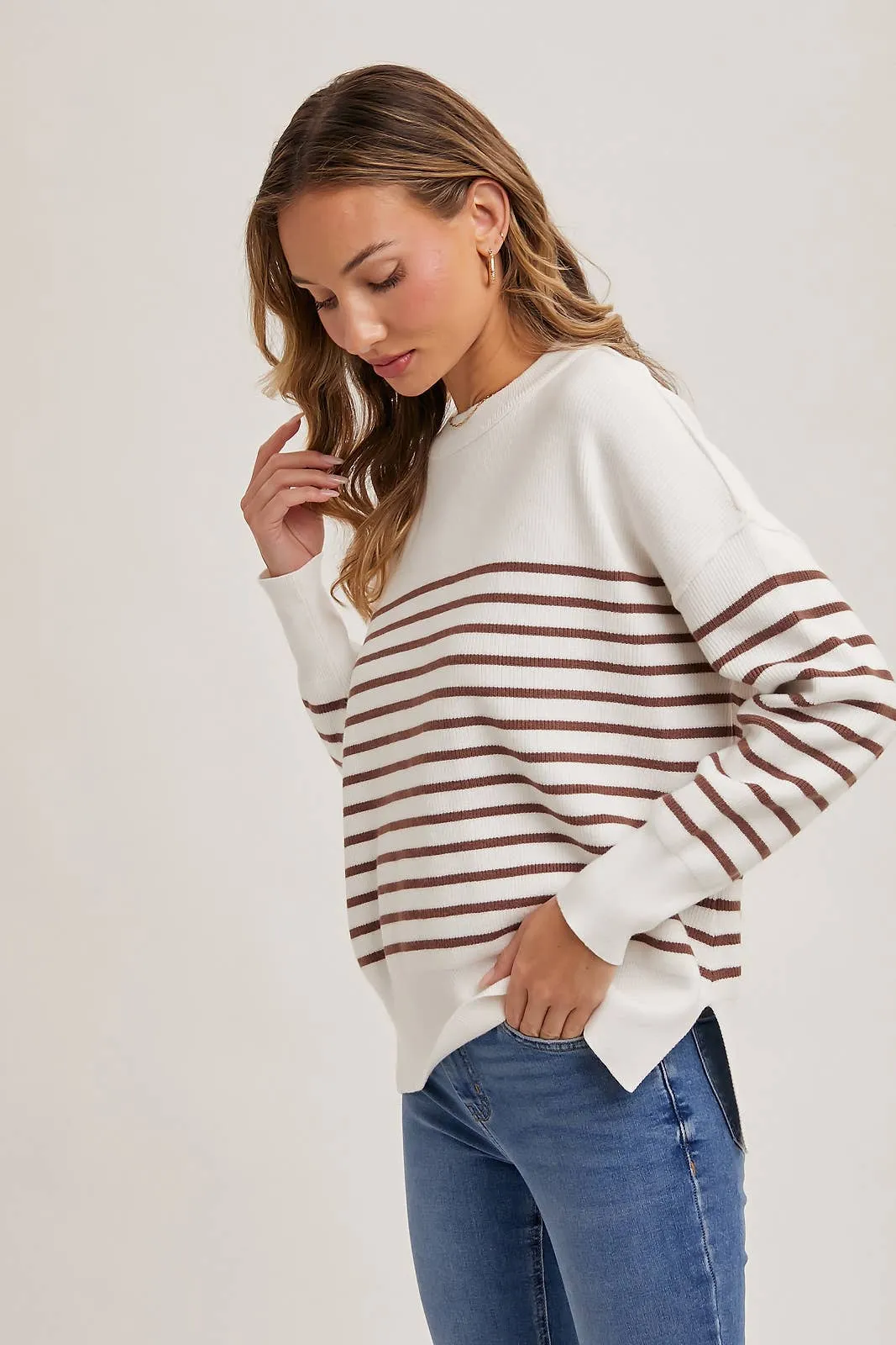 Striped Knit Side Slit Sweater