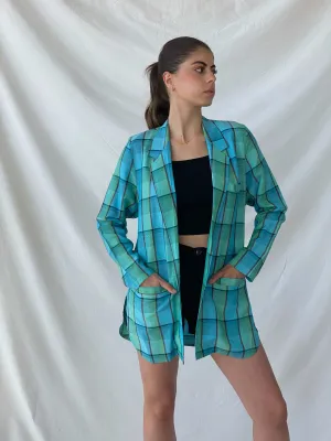 Vintage 80s/90s Instant Shop Green & Blue Plaid Oversized Blazer - L