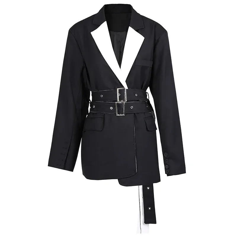 Wenkouban-Winter outfits Christmas Black Friday White Patchwork Lapel Double Belt Black Jacket