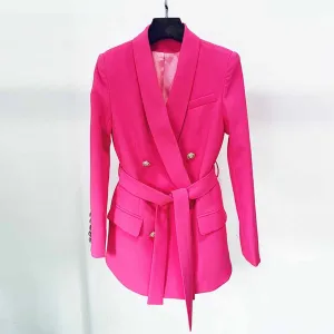 Women Pink Blazer Jackets Double Gold Breasted Lace Up Blazers