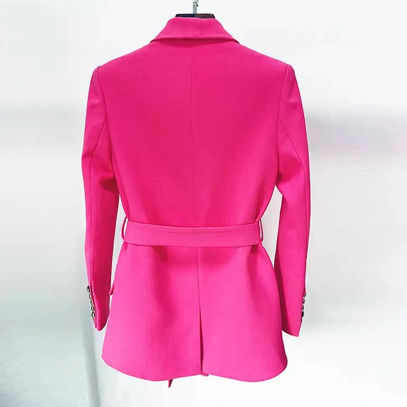 Women Pink Blazer Jackets Double Gold Breasted Lace Up Blazers