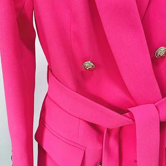 Women Pink Blazer Jackets Double Gold Breasted Lace Up Blazers