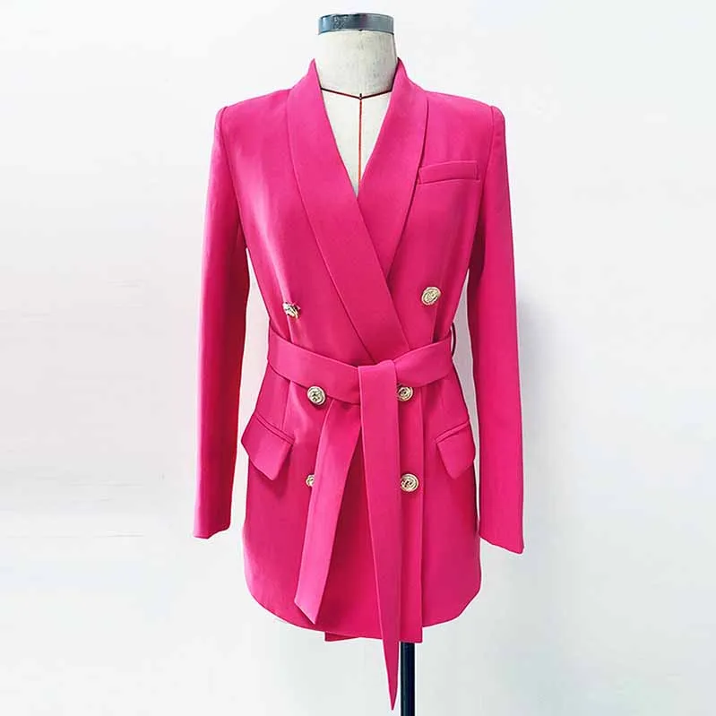 Women Pink Blazer Jackets Double Gold Breasted Lace Up Blazers