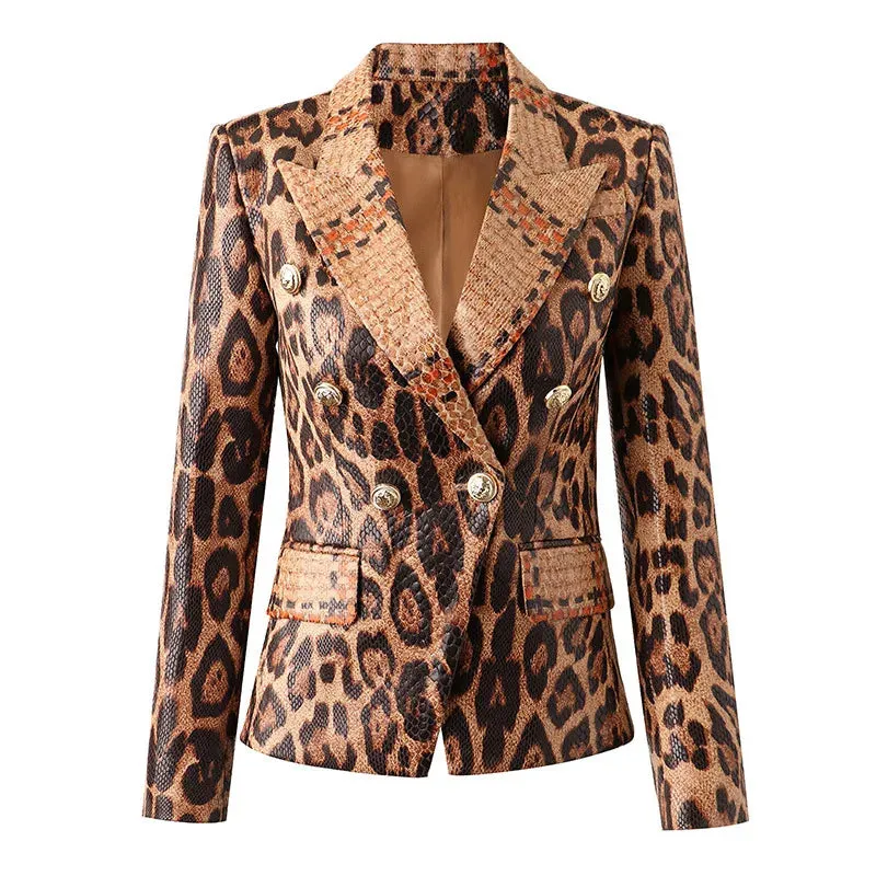 Women's Elegant Brown Faux Leather Blazer