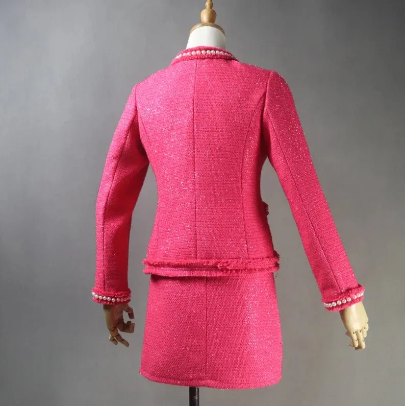 Women's HAND MADE Hot Pink Pearls Decoration Jacket