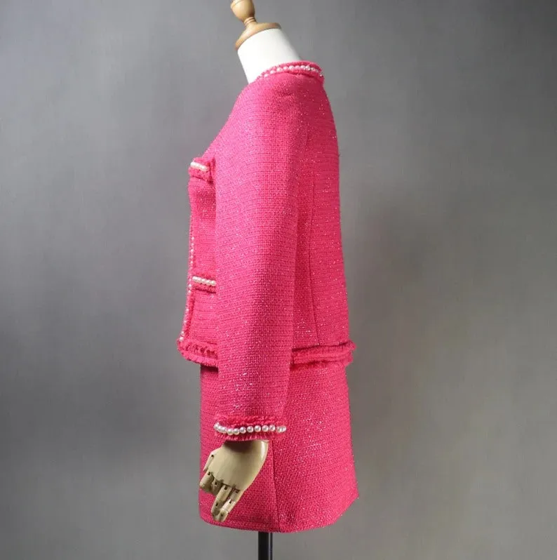 Women's HAND MADE Hot Pink Pearls Decoration Jacket