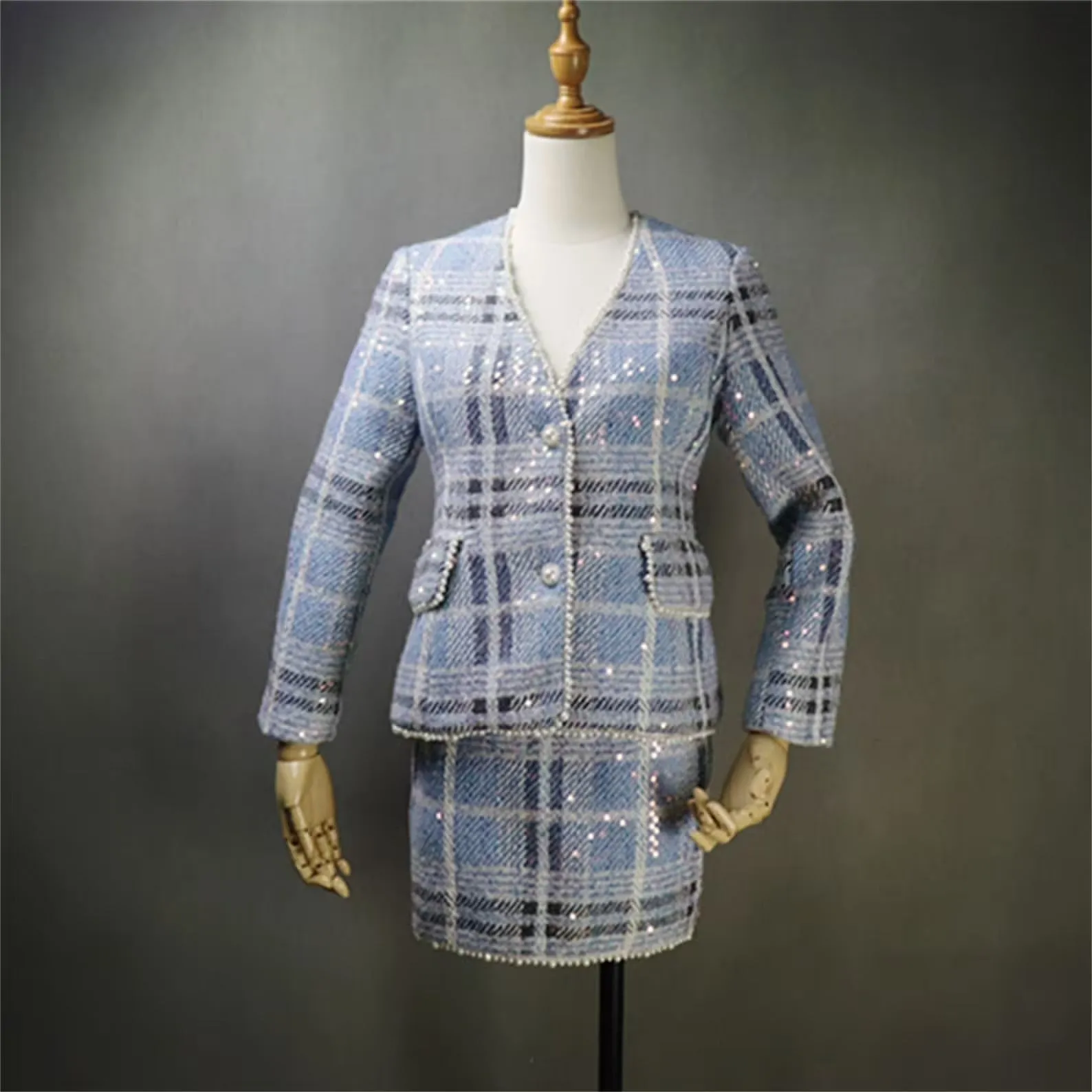 Women's Sequined Blue Check Tweed Suits And Coat