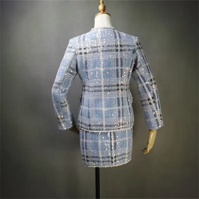 Women's Sequined Blue Check Tweed Suits And Coat