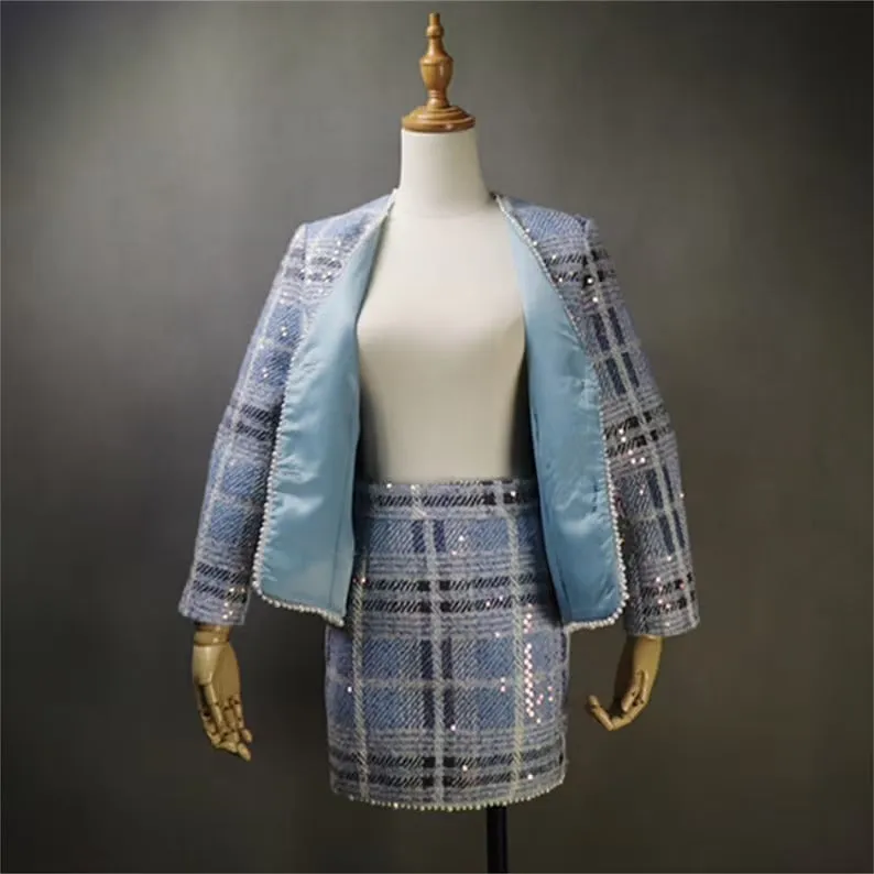 Women's Sequined Blue Check Tweed Suits And Coat